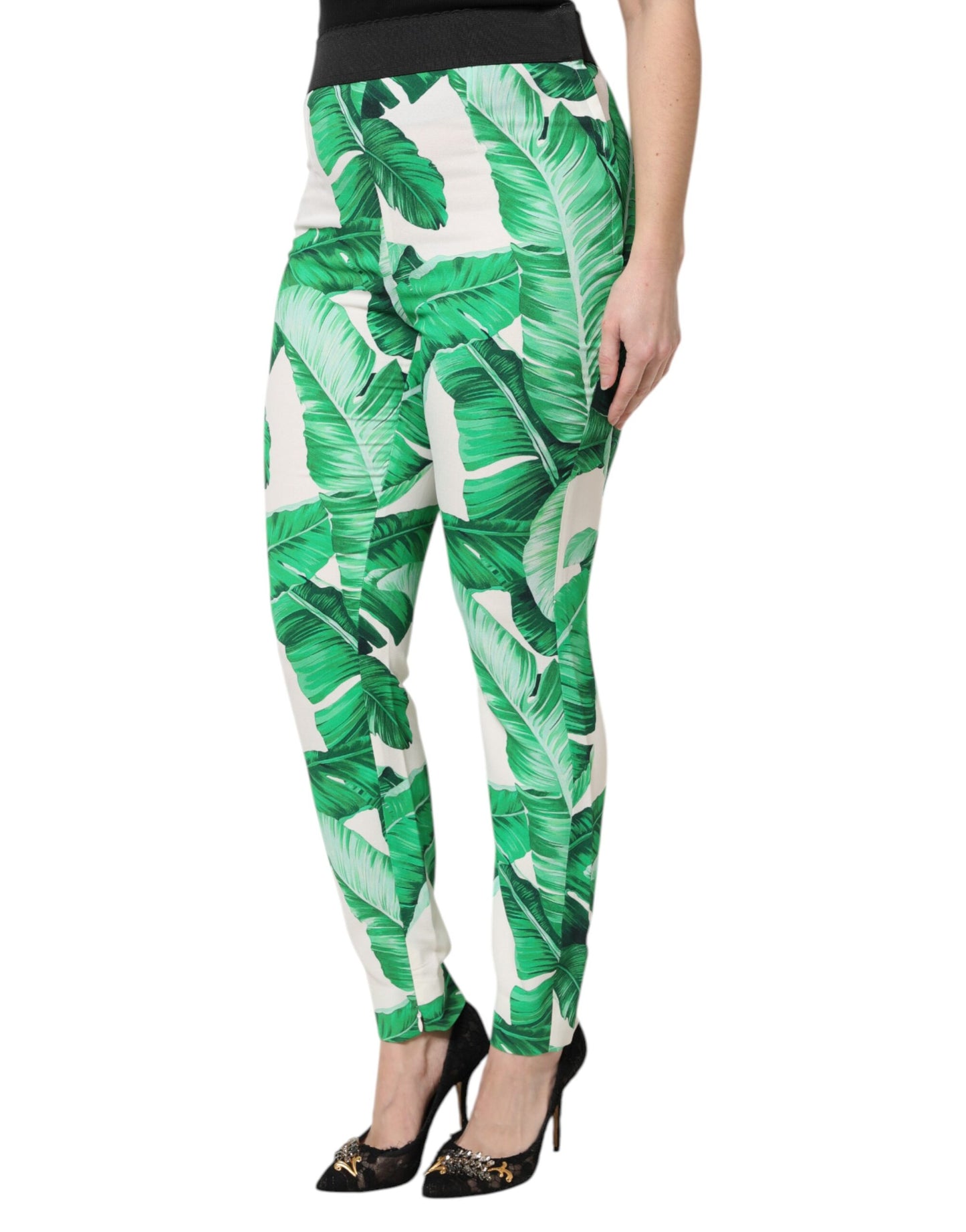 Pantalon taille haute Dolce & Gabbana blanc à imprimé feuille verte