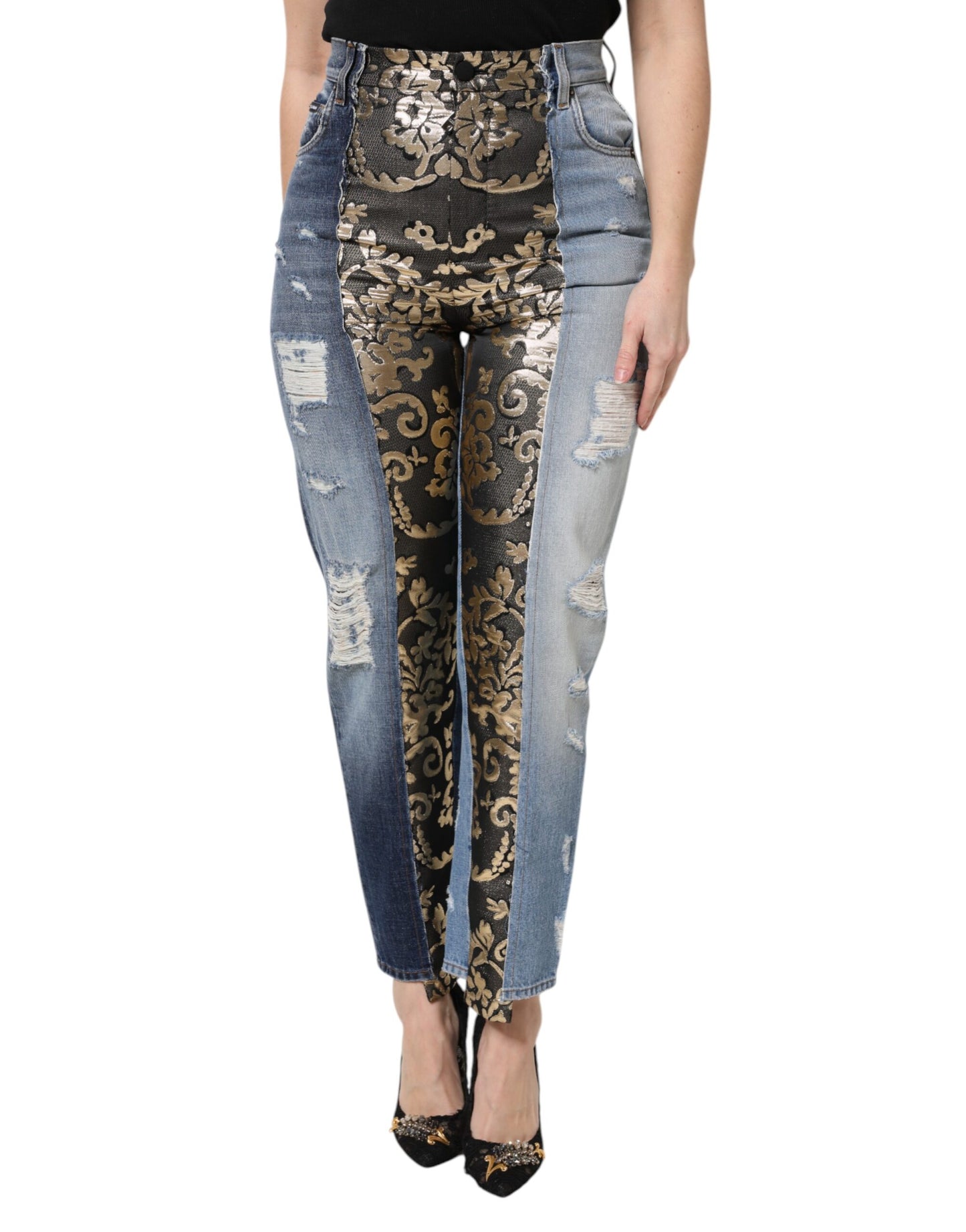 Jean en denim taille haute patchwork multicolore Dolce & Gabbana