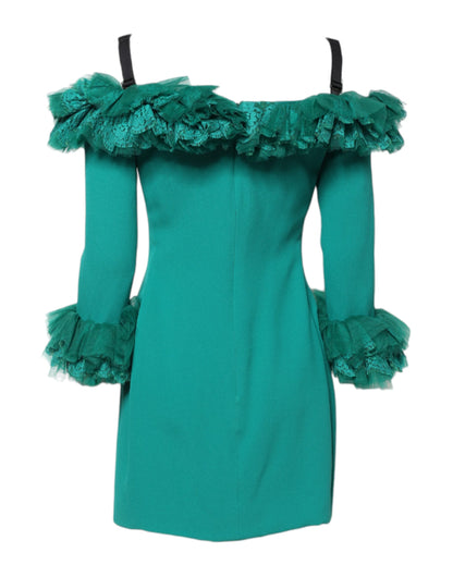Dolce & Gabbana Green Lace Off Shoulder Sheath Mini Dress