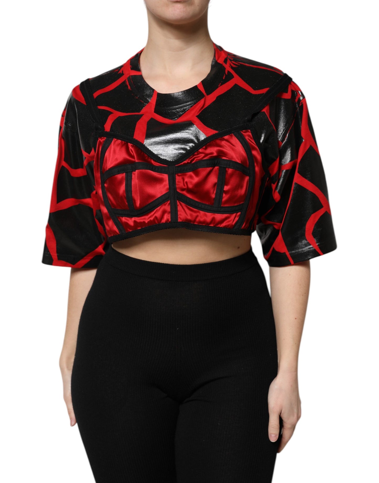 Top corto de algodón rojo y negro con detalle de corsé Dolce & Gabbana