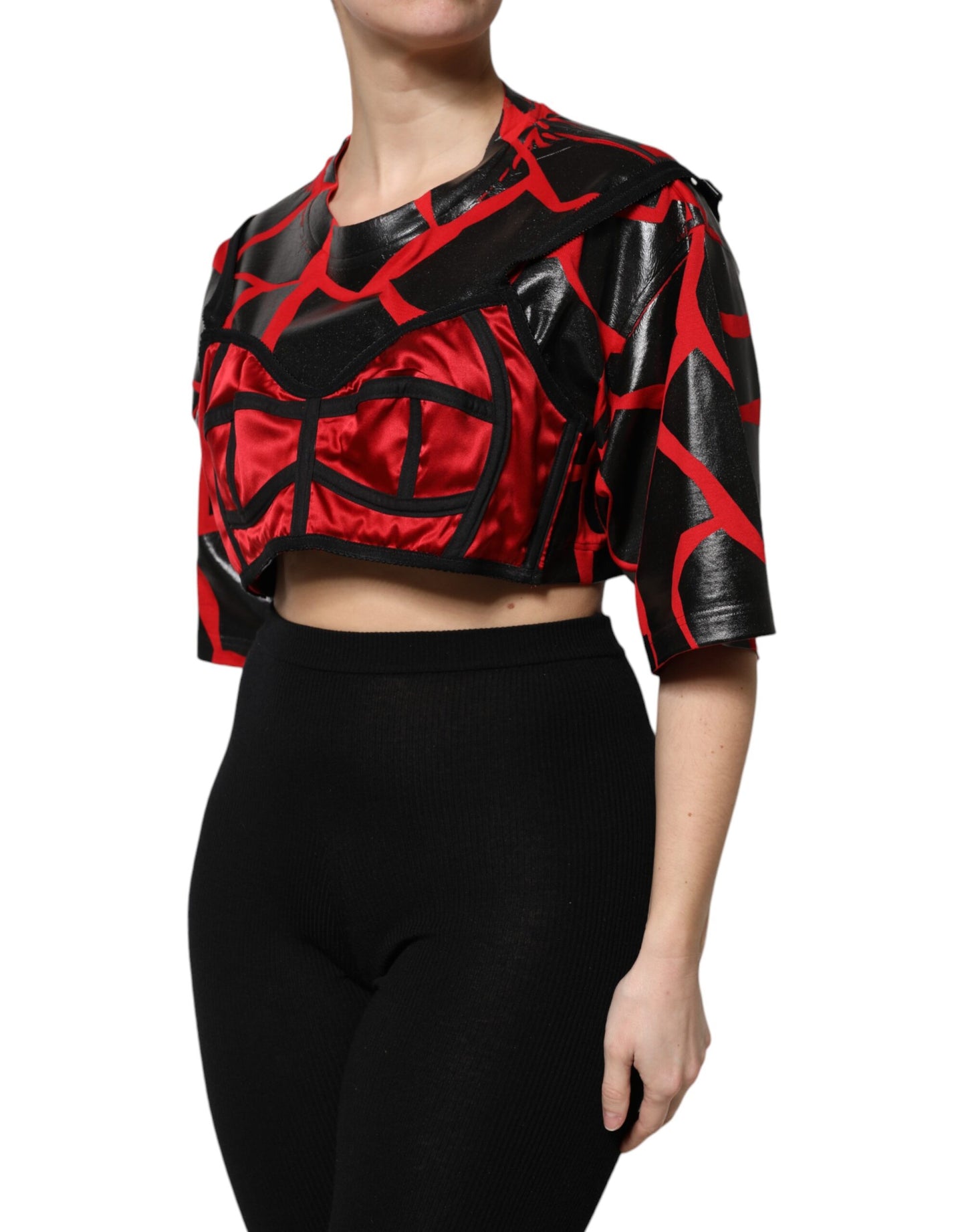 Top corto de algodón rojo y negro con detalle de corsé Dolce & Gabbana