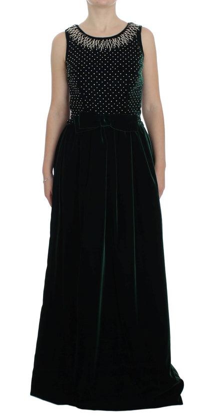 Robe longue maxi en velours vert et cristal Dolce & Gabbana