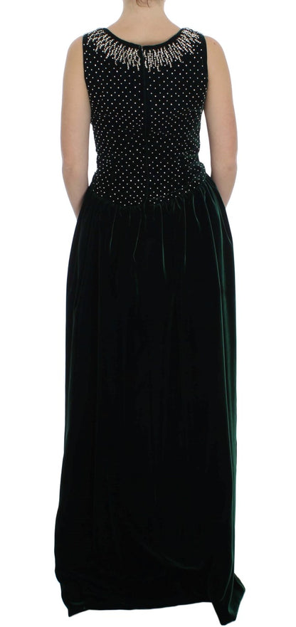 Robe longue maxi en velours vert et cristal Dolce & Gabbana