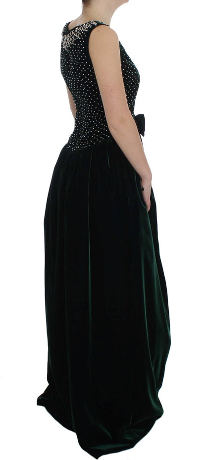 Robe longue maxi en velours vert et cristal Dolce & Gabbana