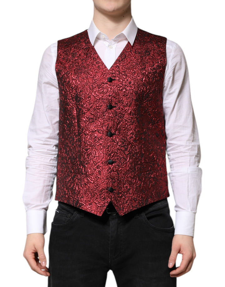 Gilet de Costume Homme Dolce & Gabbana en Brocart Rouge à Motifs Floraux
