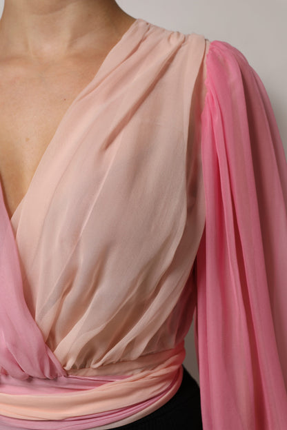 Dolce & Gabbana Pink Plunging V-neck Long Sleeves Blouse Top