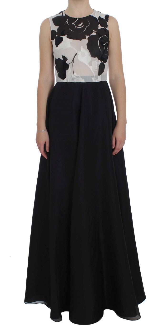 Robe fourreau longue en soie à imprimé floral noir et blanc Dolce & Gabbana