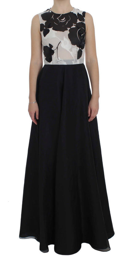 Robe fourreau longue en soie à imprimé floral noir et blanc Dolce & Gabbana