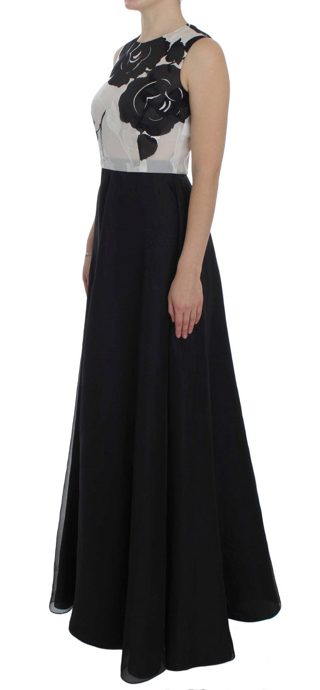 Robe fourreau longue en soie à imprimé floral noir et blanc Dolce & Gabbana