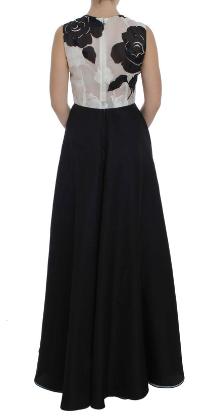 Robe fourreau longue en soie à imprimé floral noir et blanc Dolce & Gabbana