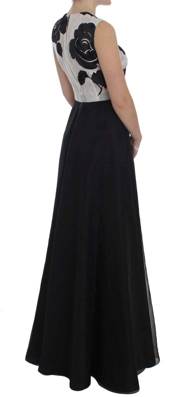 Robe fourreau longue en soie à imprimé floral noir et blanc Dolce & Gabbana