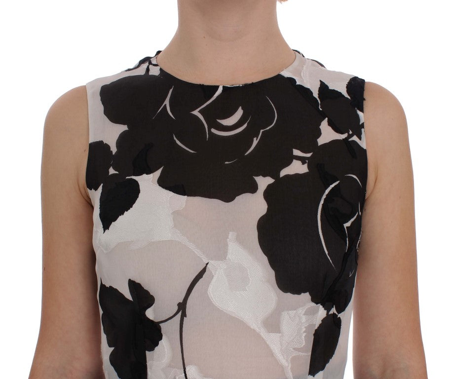 Robe fourreau longue en soie à imprimé floral noir et blanc Dolce & Gabbana