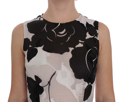 Robe fourreau longue en soie à imprimé floral noir et blanc Dolce & Gabbana