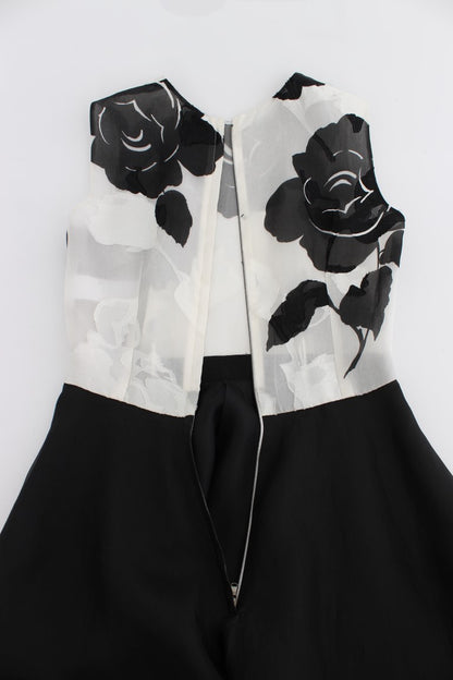 Robe fourreau longue en soie à imprimé floral noir et blanc Dolce & Gabbana