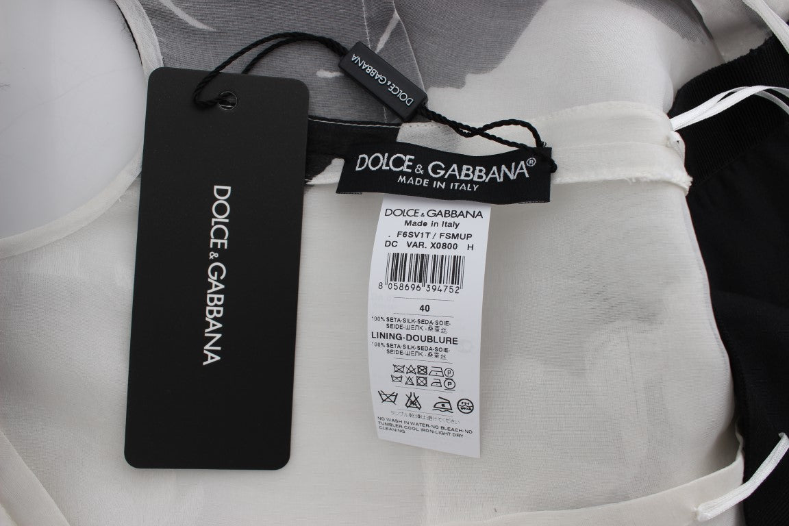 Robe fourreau longue en soie à imprimé floral noir et blanc Dolce & Gabbana