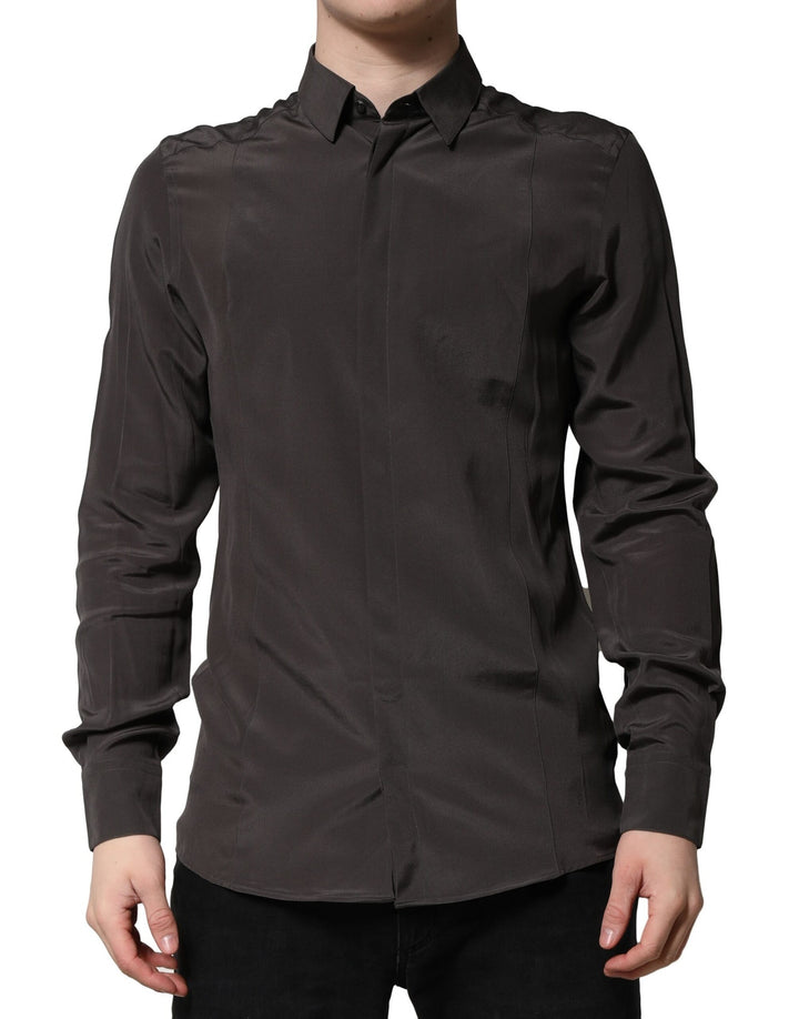 Camisa Formal de Vestir de Seda Marrón Oscuro Dorada para Hombre de Dolce & Gabbana