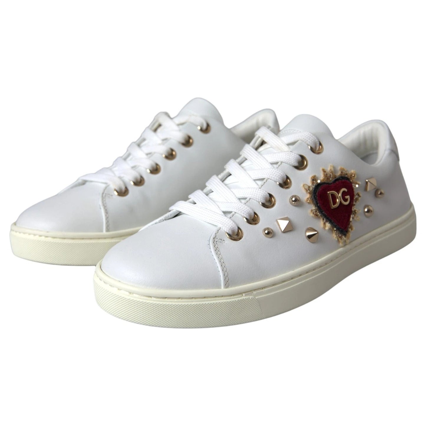 Chaussures Baskets Dolce & Gabbana en Cuir Blanc avec Cœur Rouge Doré
