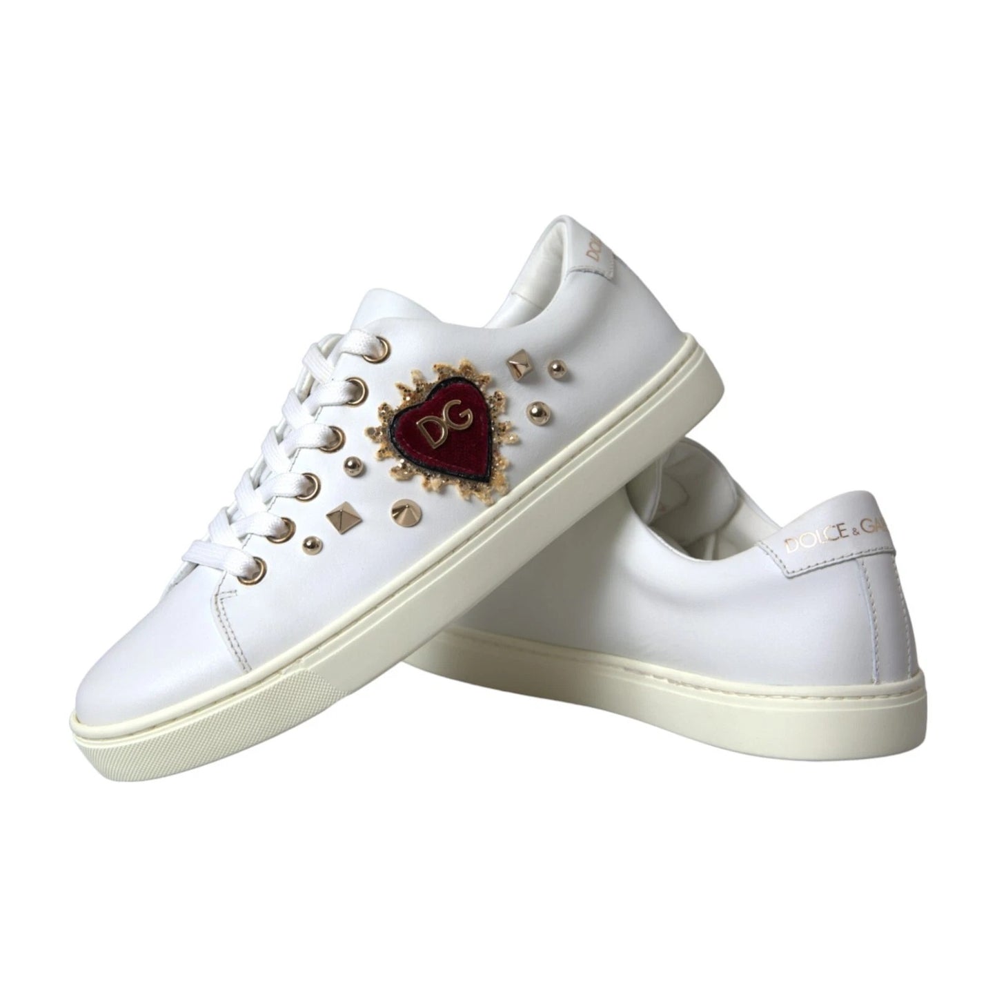 Chaussures Baskets Dolce & Gabbana en Cuir Blanc avec Cœur Rouge Doré