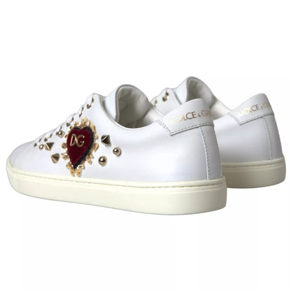 Chaussures Baskets Dolce & Gabbana en Cuir Blanc avec Cœur Rouge Doré