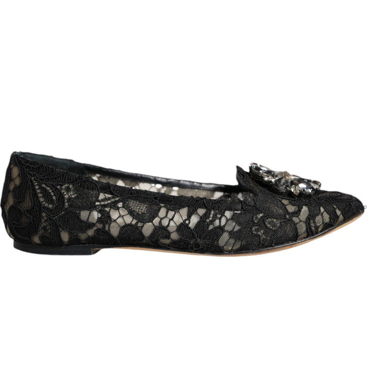 Zapatos Mocasines Bailarinas de Encaje Negro con Cristales Dolce & Gabbana