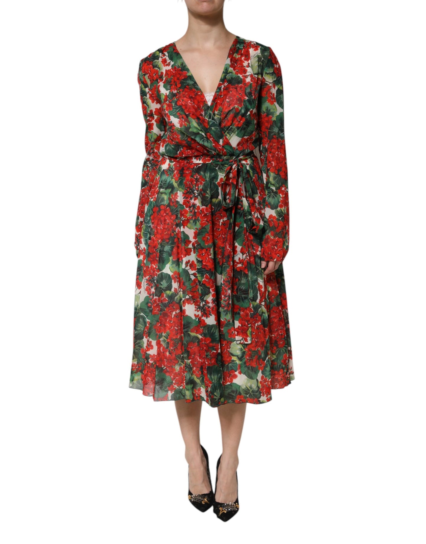 Robe longue Dolce & Gabbana à manches longues, col en V et imprimé floral multicolore