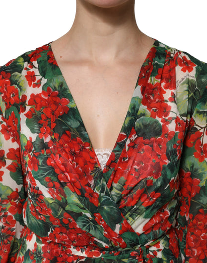 Robe longue Dolce & Gabbana à manches longues, col en V et imprimé floral multicolore