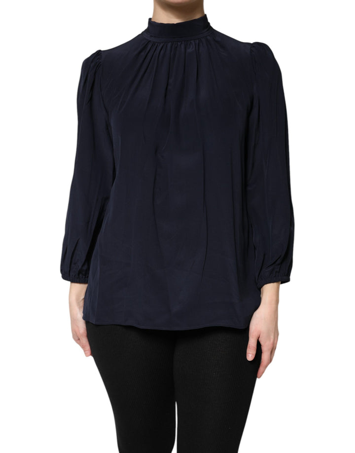 Dolce & Gabbana Blusa de Seda Azul de Cuello Alto y Manga Larga