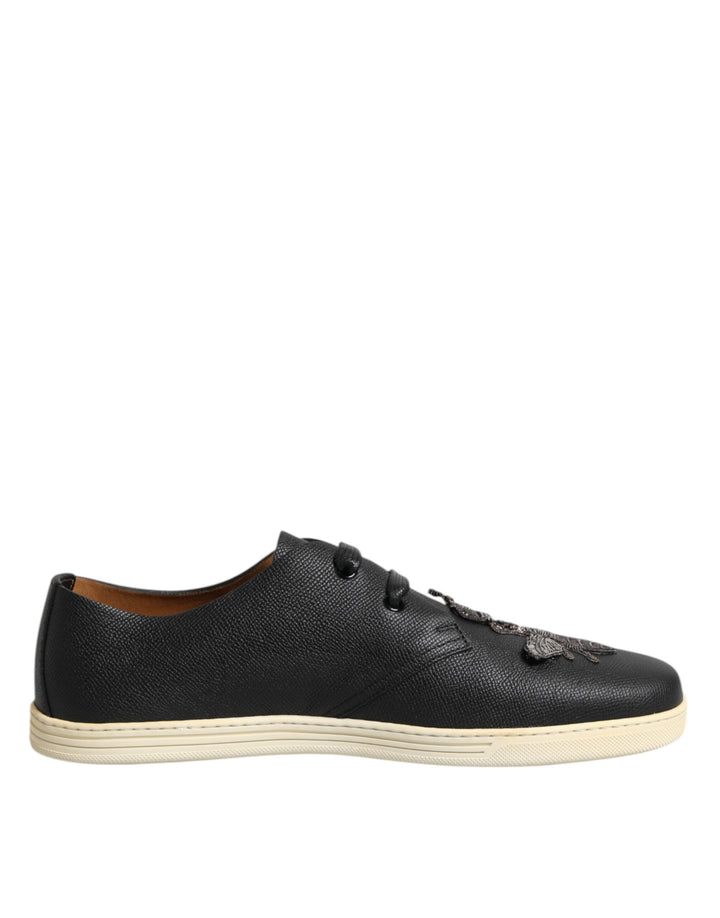 Zapatillas Bajas Dolce & Gabbana de Cuero Negro con Abeja y Corona