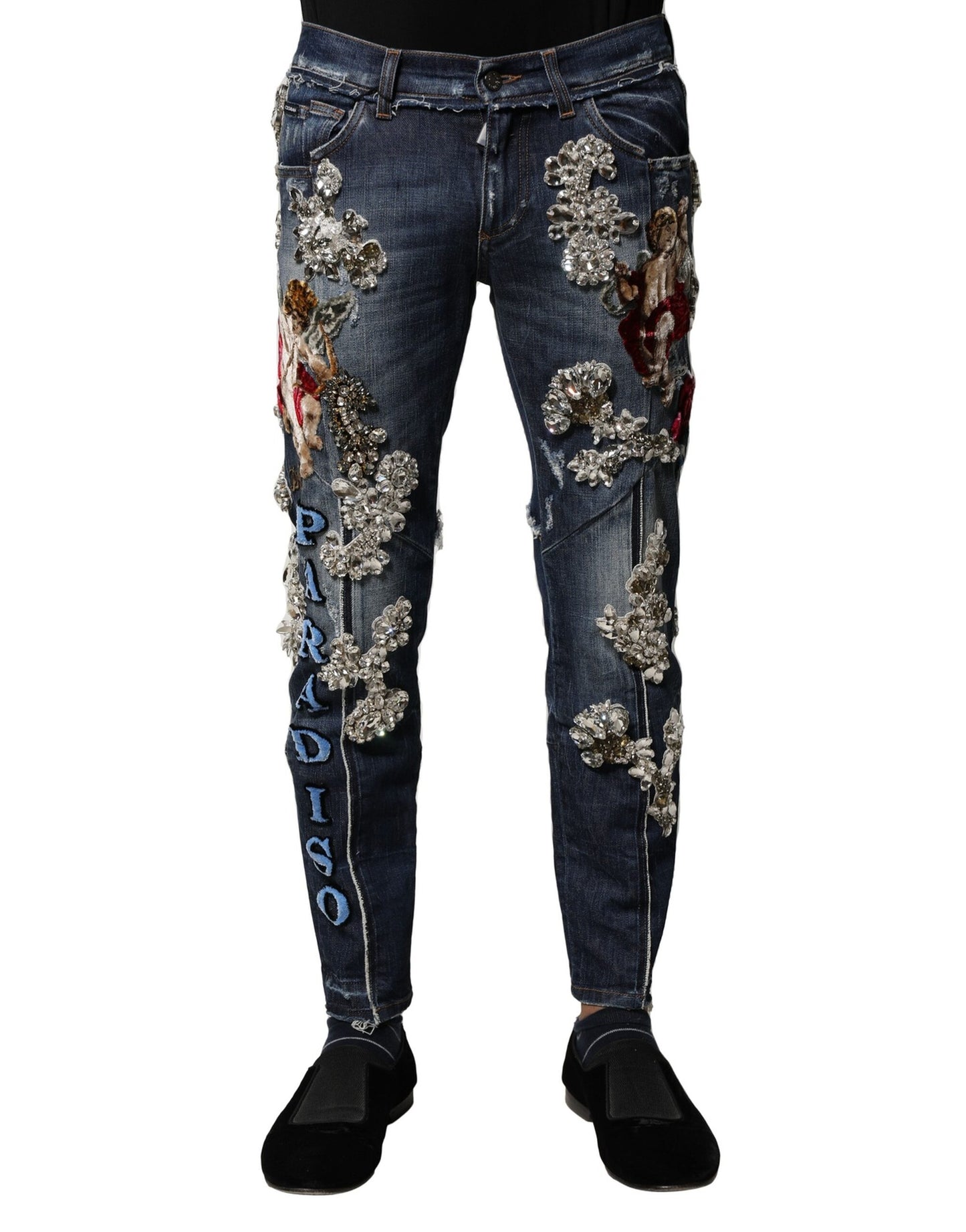 Jeans de mezclilla Dolce & Gabbana de algodón azul con adornos de diamantes de imitación