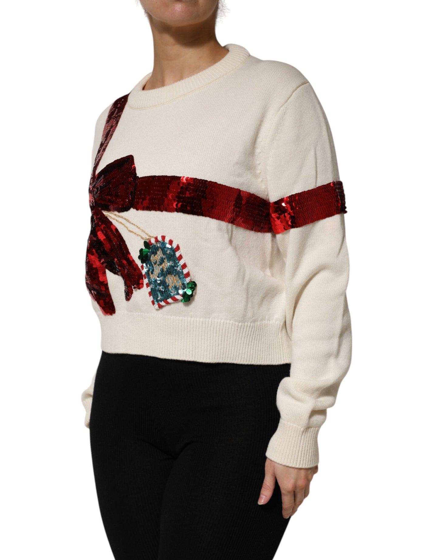 Suéter de punto Dolce & Gabbana blanco con lentejuelas y cuello redondo