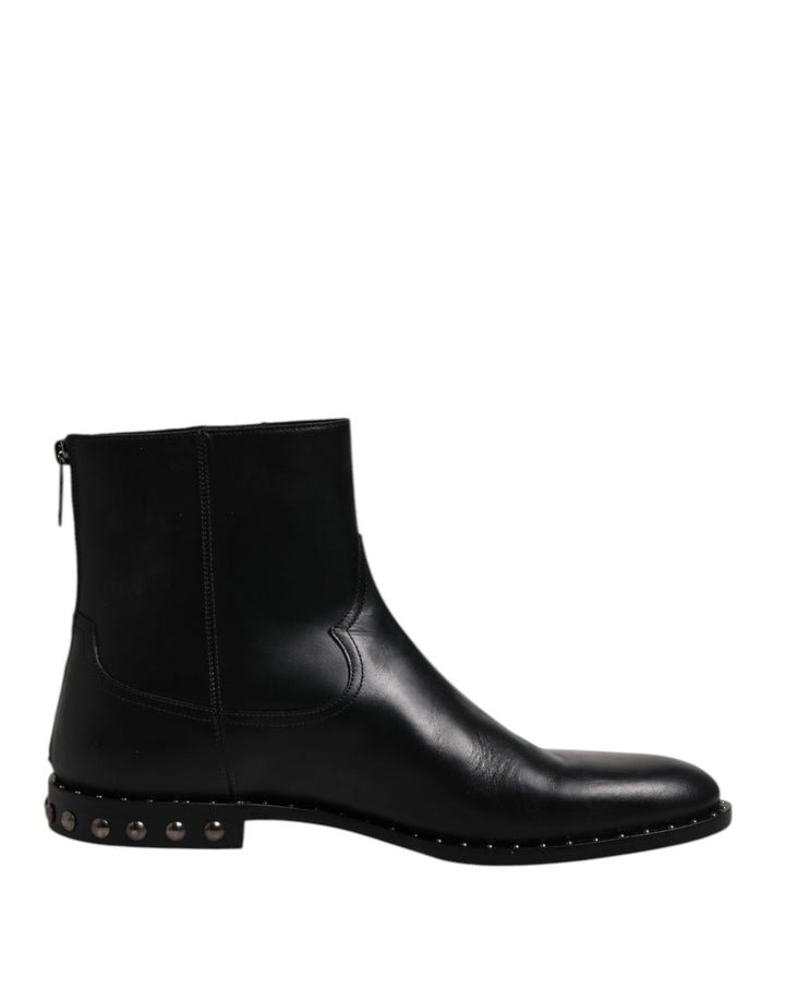 Chaussures cloutées Dolce & Gabbana : Bottines noires en cuir avec logo