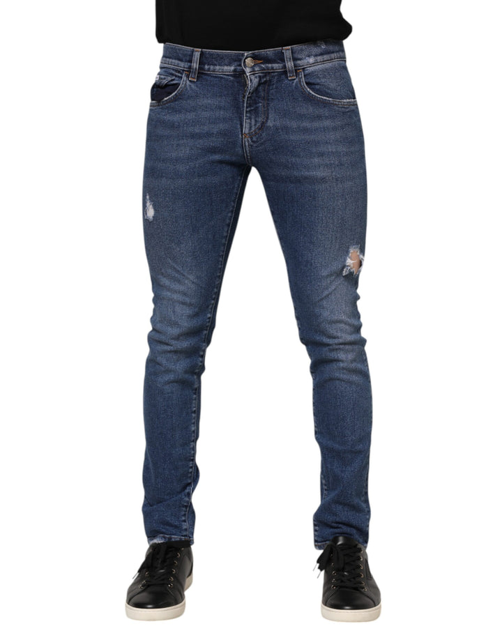 Jean slim homme en denim bleu coton avec plaque logo Dolce & Gabbana