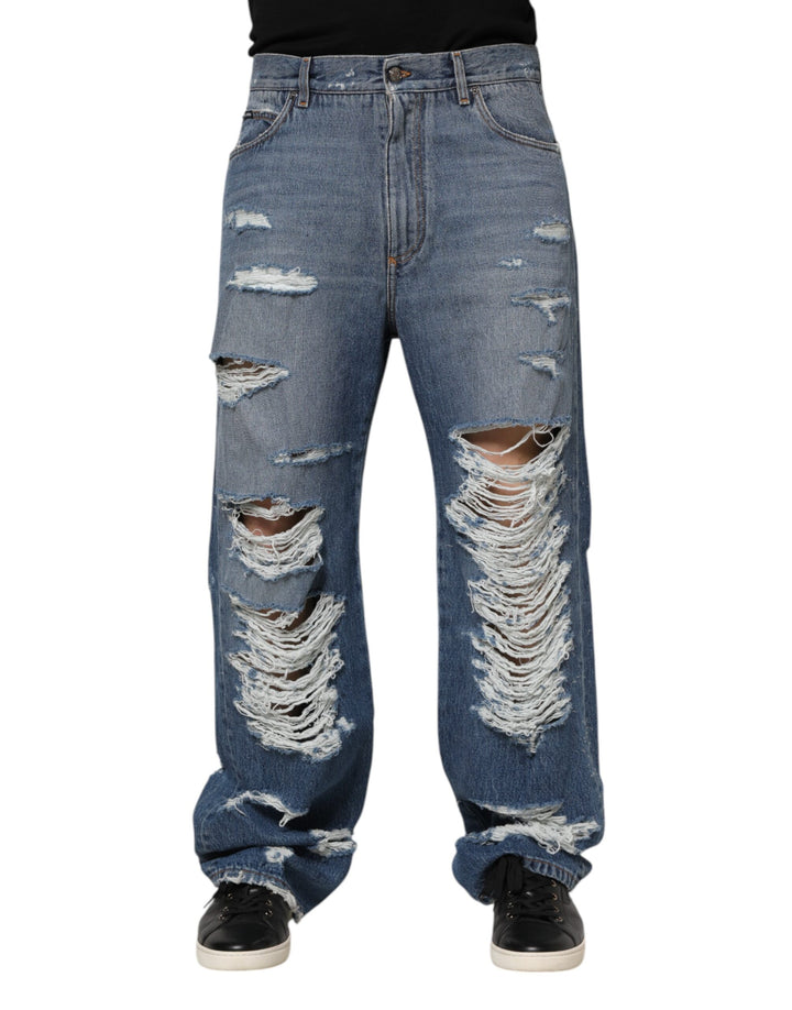 Jean en denim bleu déchiré avec plaque logo en coton Dolce & Gabbana