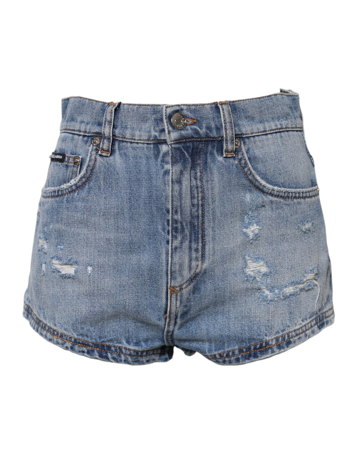 Pantalones cortos de algodón vaquero con placa de logotipo azul de Dolce & Gabbana