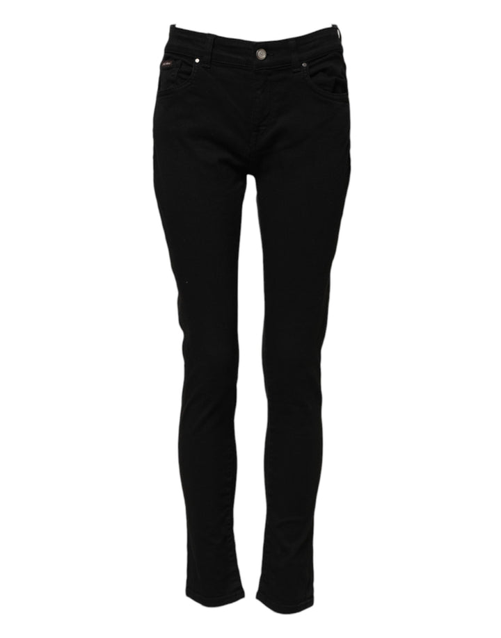 Jeans de mezclilla ajustados de tiro medio con logo de algodón negro Dolce & Gabbana