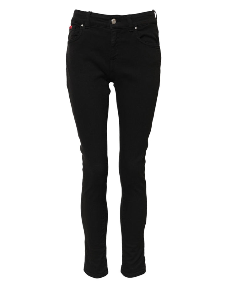 Jeans de mezclilla ajustados de tiro medio con logo de algodón negro Dolce & Gabbana
