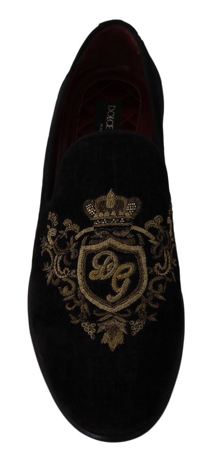 Mocassins Dolce & Gabbana Velours Noir Couronne Dorée