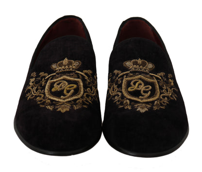 Mocassins Dolce & Gabbana Velours Noir Couronne Dorée
