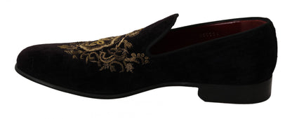 Mocassins Dolce & Gabbana Velours Noir Couronne Dorée