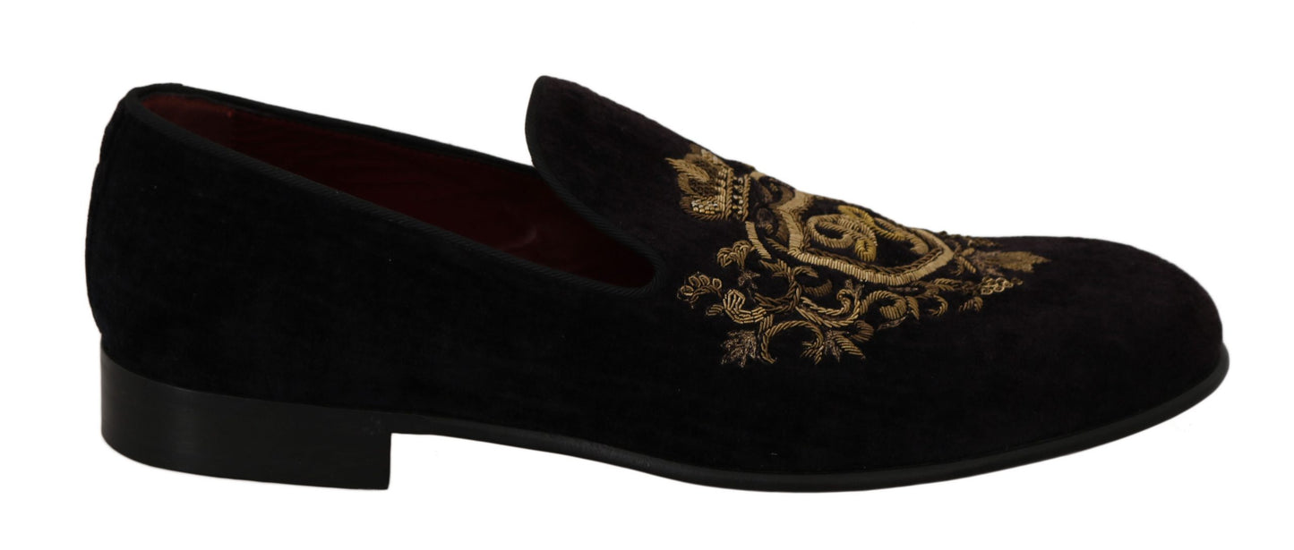 Mocassins Dolce & Gabbana Velours Noir Couronne Dorée