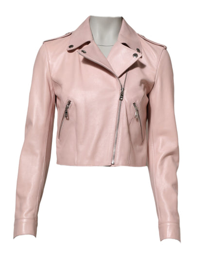 Blouson de motard Dolce & Gabbana en cuir rose pâle avec col pour femme
