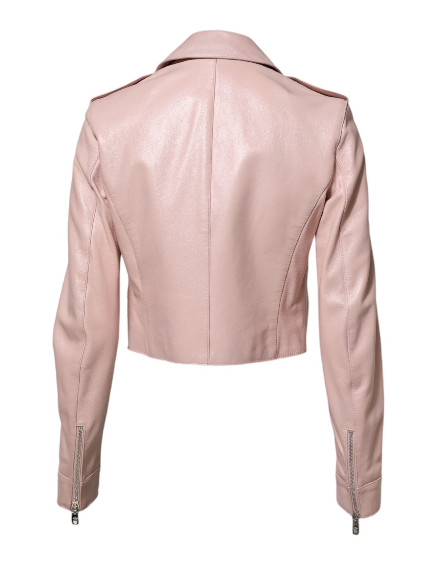 Blouson de motard Dolce & Gabbana en cuir rose pâle avec col pour femme