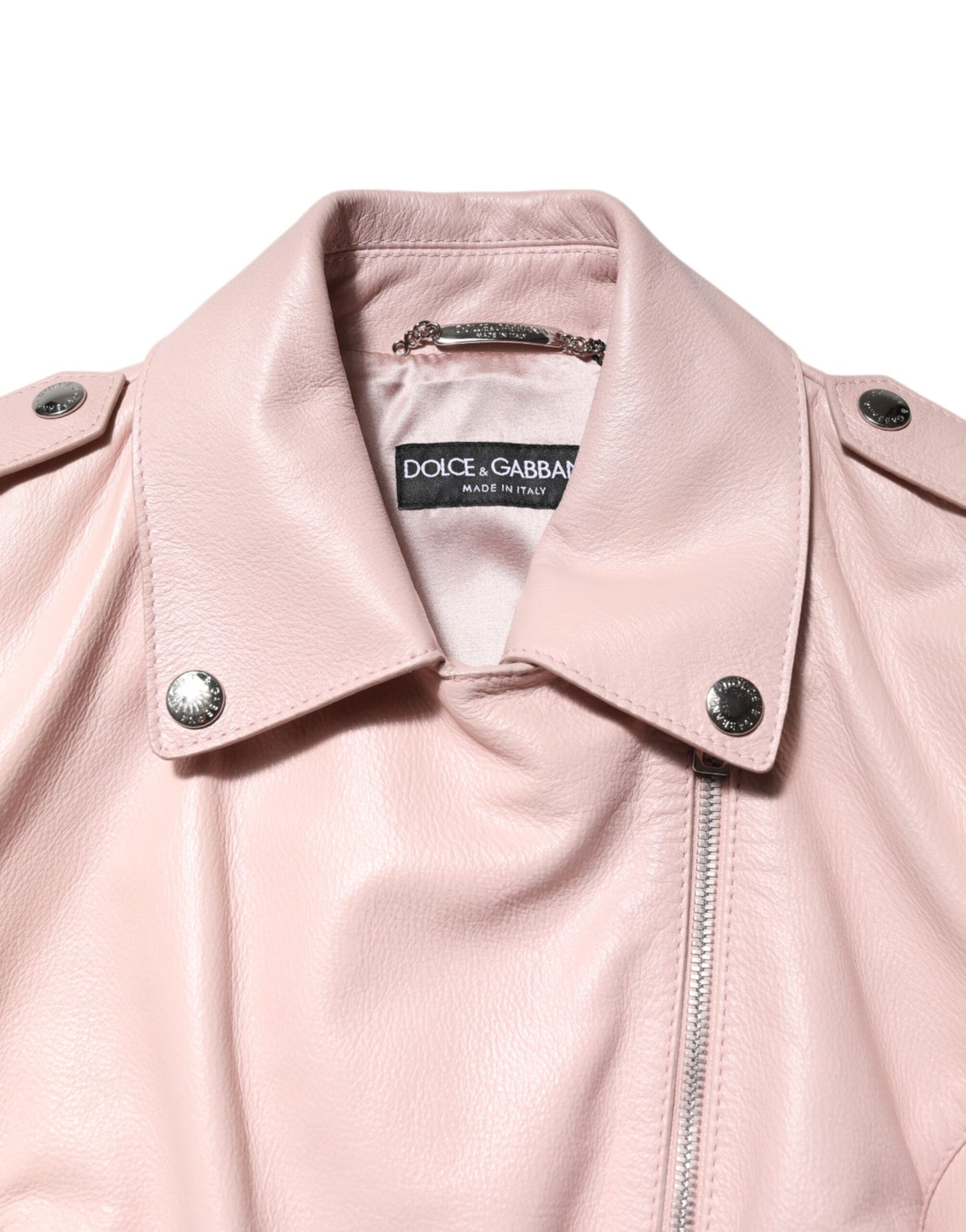 Blouson de motard Dolce & Gabbana en cuir rose pâle avec col pour femme