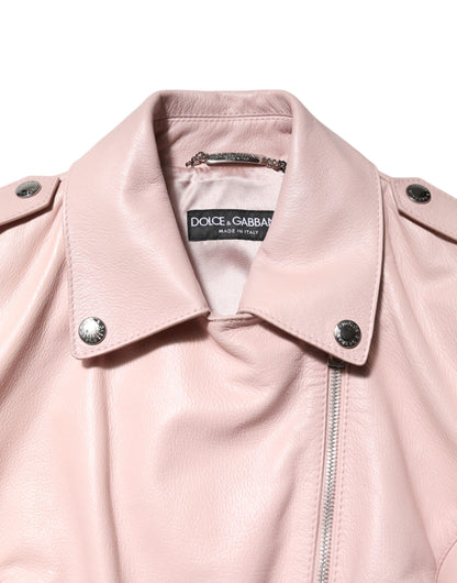 Blouson de motard Dolce & Gabbana en cuir rose pâle avec col pour femme