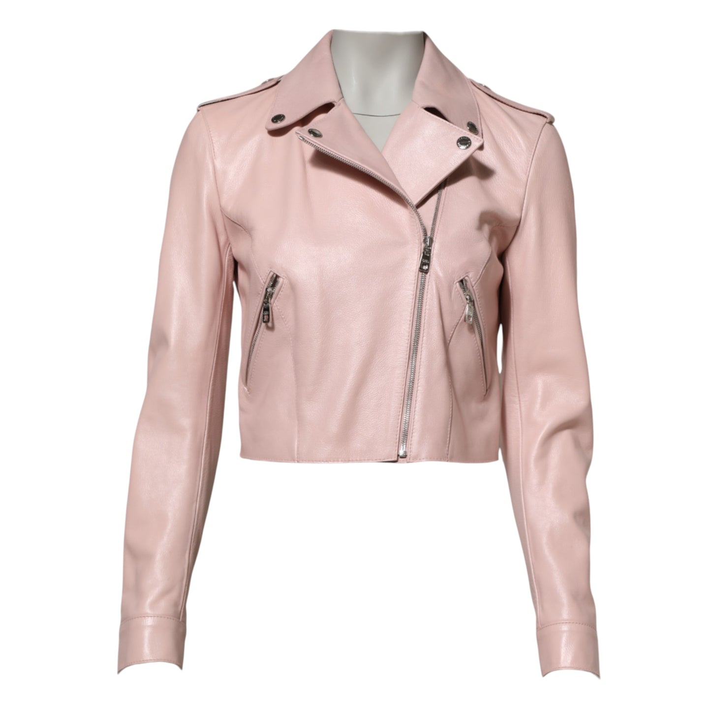 Blouson de motard Dolce & Gabbana en cuir rose pâle avec col pour femme