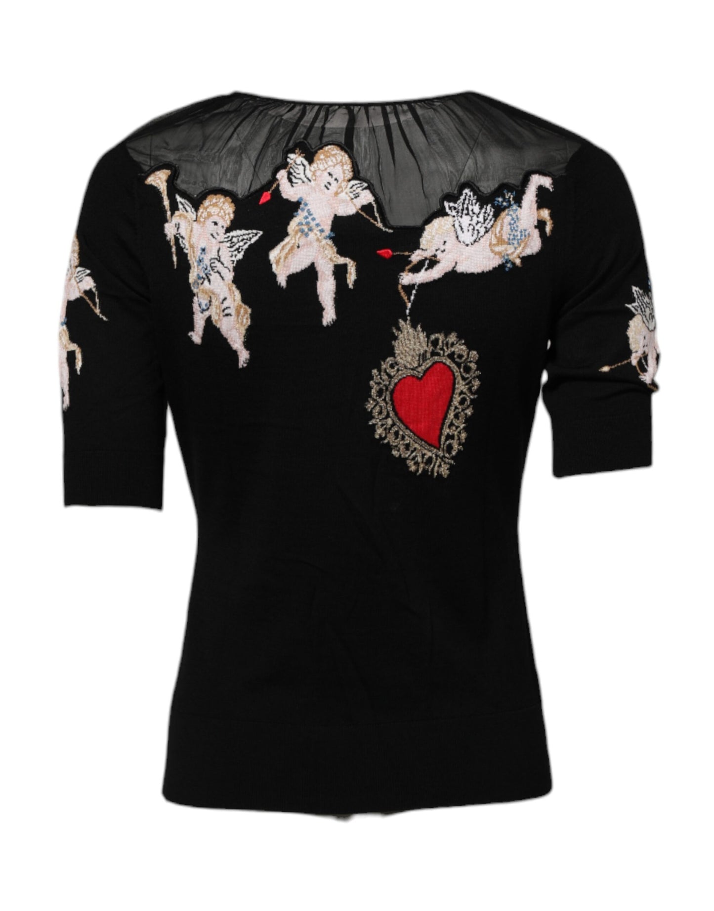 Top de cuello redondo bordado con corazón sacro negro de Dolce & Gabbana