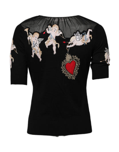 Top de cuello redondo bordado con corazón sacro negro de Dolce & Gabbana