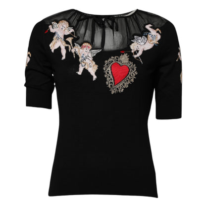 Top de cuello redondo bordado con corazón sacro negro de Dolce & Gabbana