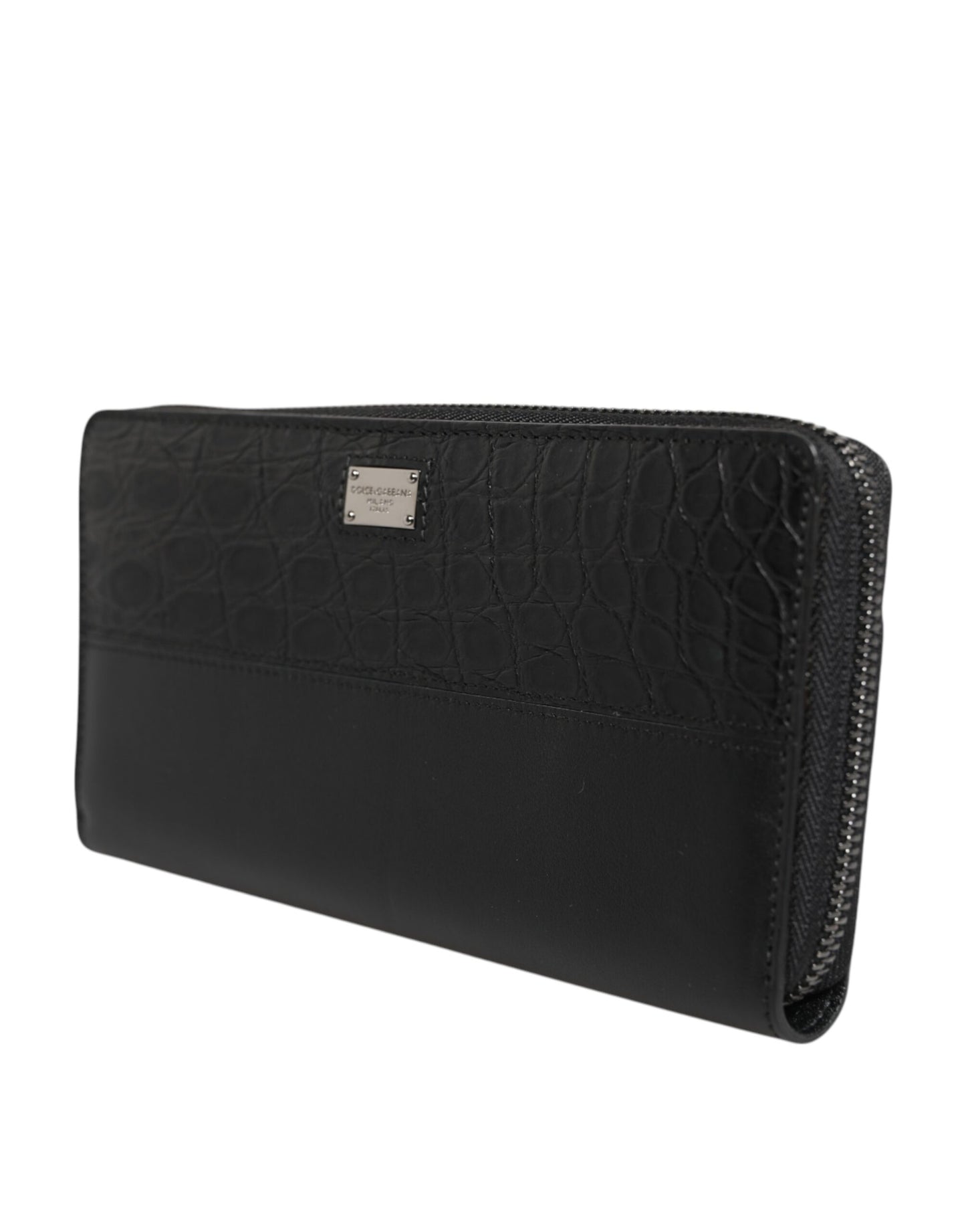 Dolce & Gabbana Black Leather Logo Plaque Zip Around Continental Wallet