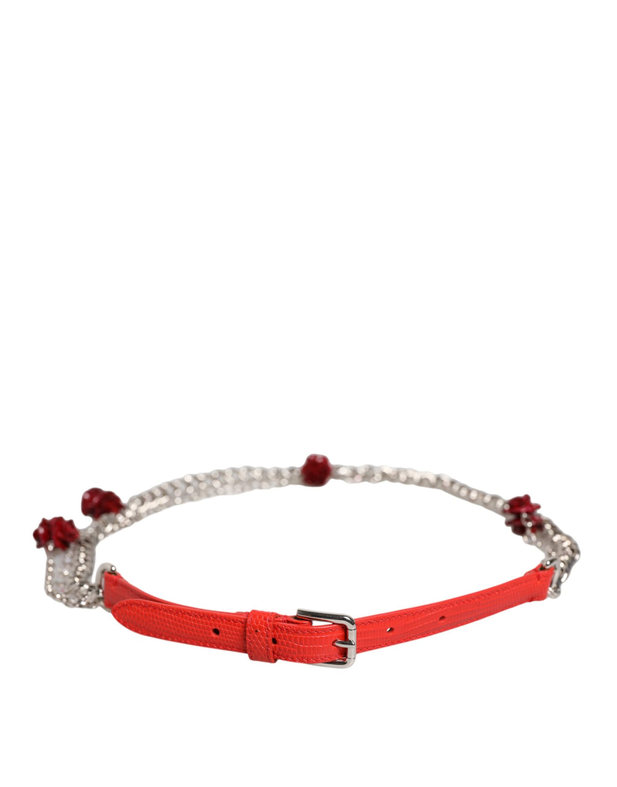Ceinture Dolce & Gabbana en cuir rouge avec chaîne argentée et motif floral